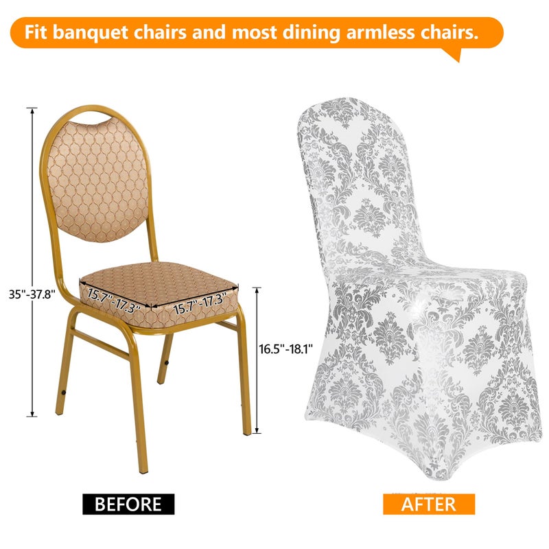 Desirable Life Pack of 1 Dining Chair Covers Bronzing Silver Flower Print Removable Washable Spandex Stretch Decorative Chair Slipcovers Set for Party Wedding Home Decorations - Silver+White - Image 2